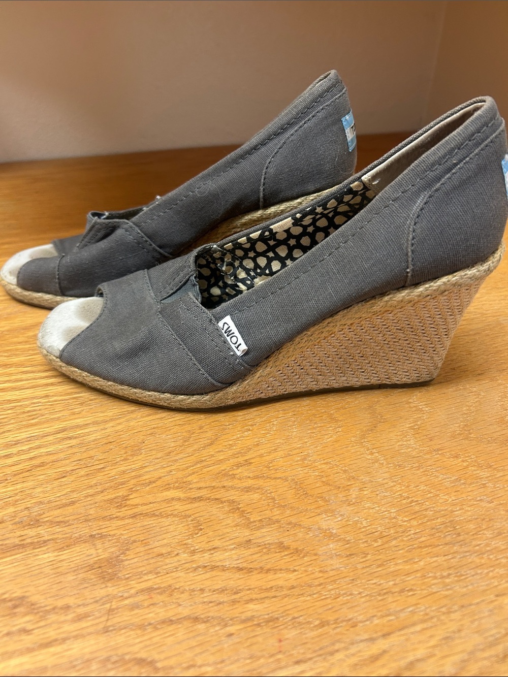 TOMS Gray Canvas Peep-Toe Espadrille Wedge